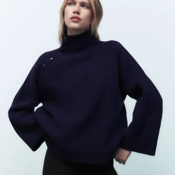 Zara  96% Merino Wool High Buttoned Collar Knit Sweater Navy Blue Size Medium - Picture 2 of 11